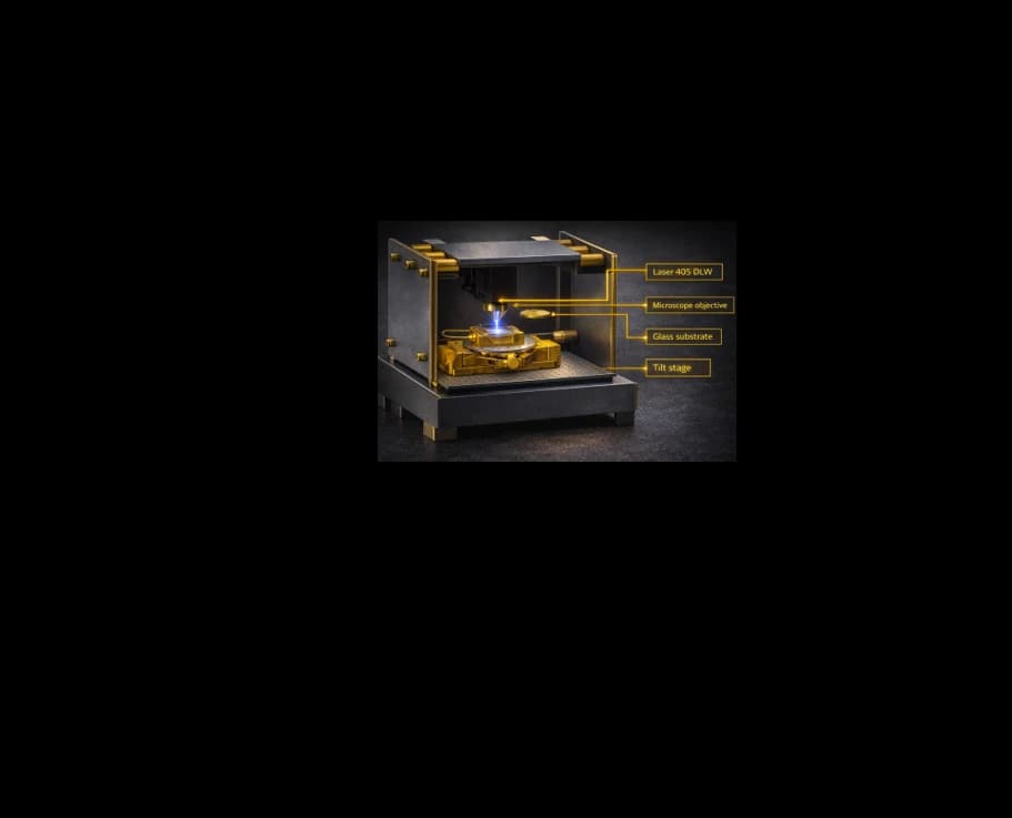 Direct laser writing system: laser source, microscope objective, glass substrate and tilt stage.