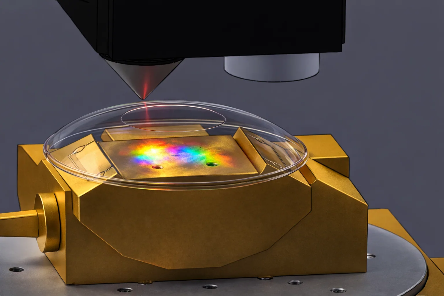 Diffractive microstructures patterned on a curved optical substrate under laboratory illumination